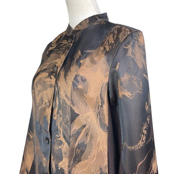 A La Carte Brown Pattern Band Collar Stretch Lightweight Button Up Jacket Pocket - Picture 6 of 12